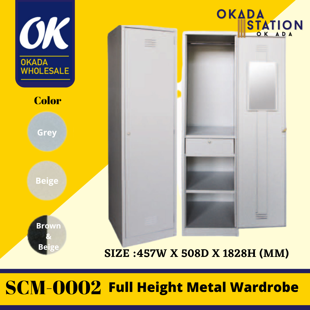 SCM-0002 1 Compartment Steel Locker With Steel Swing Door (With 1 Centre Drawer with Camlock, 1 Mirror, 1 Fixed Shelf at Bottom & 1 Cloth Hanging Bar) / 1 Compartment Locker / Steel Locker / Metal Cabinet / Cabinet / 1 Compartment Cabinet / 1 Compart