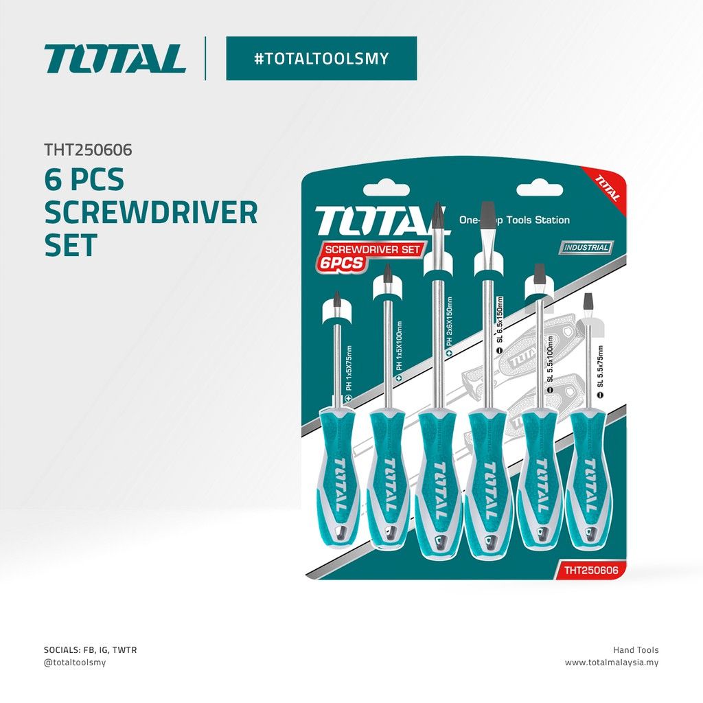 TOTAL SCREWDRIVER SET SLOTTED/FLAT SL5.5 + SL5.5 + SL6.5 (3 PCS) + PHILLIPS PH1 + PH1 + PH2 (3 PCS) THT250606