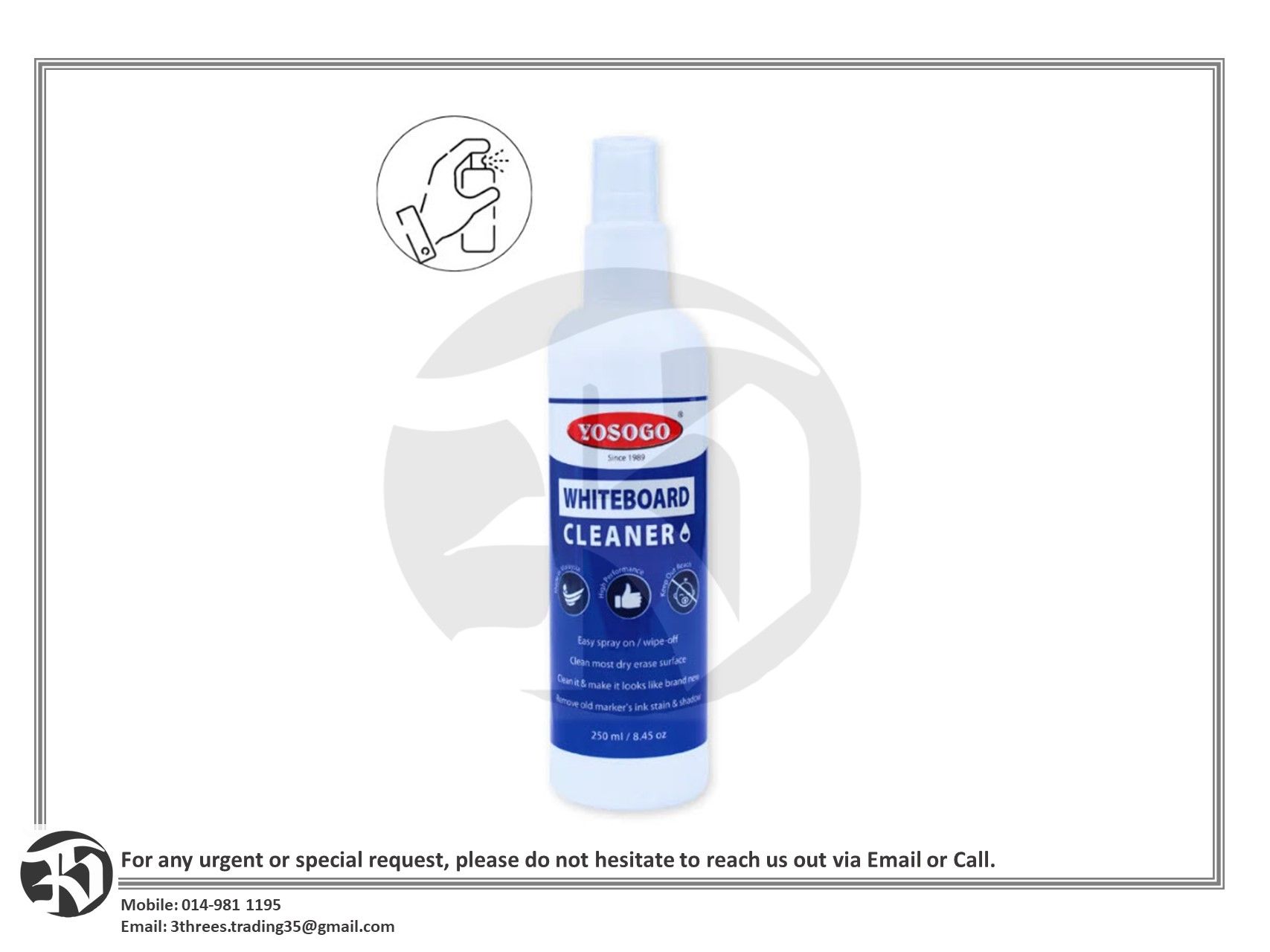 Yosogo CS250 white board cleaner 250ml