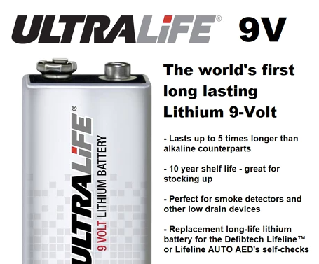 Ultralife /U9VL-J-P - 9V/ Block Power Cell/ Lithium/ Batterie 9V/ 1200mAh/ Exp 2034
