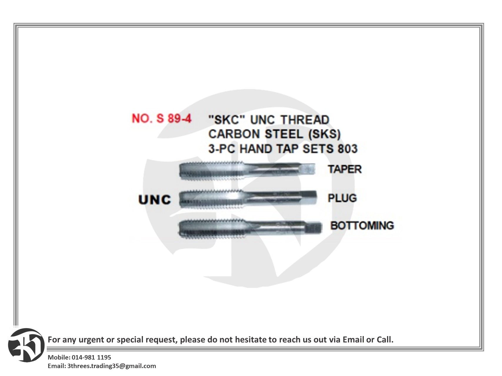 SKC Hand Taps Set Imperial/Inch Set of 3pcs - UNC
