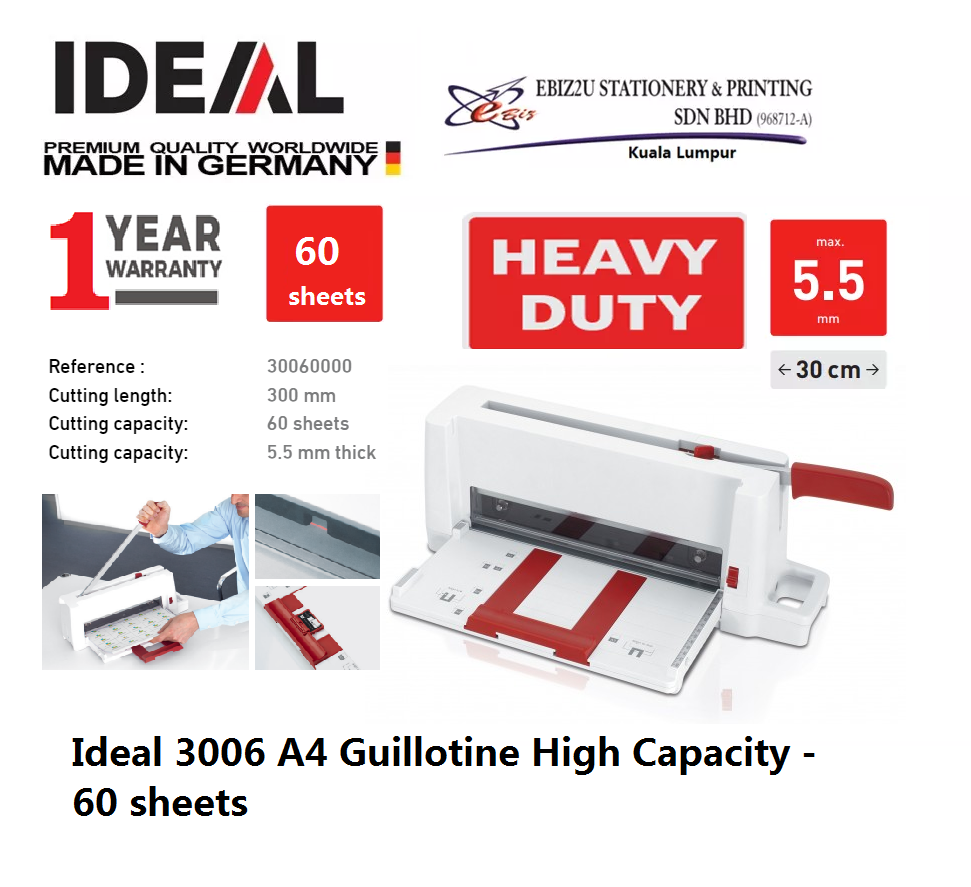 Ideal 3006 A4 Guillotine High Capacity - 60 sheets (Pemotong Kertas, Paper Cutter, Paper Cutter, Paper Trimmer, Heavy Duty Cutter, A4 paper cutter)