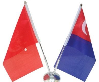 Table Flag Stand (Double) Stainless Steel Round Base Mini Stand Flag with TNB (Double Sided Flag) and Malaysia (Double Sided Flag) in polyester soft material