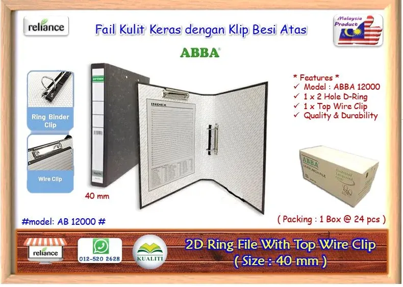 ABBA 2D Ring File With Wire Clip (40 mm) / ABBA D-Ring File / Arch Fail / ABBA File # D-Ring with Clip Top # 40mm Arch File - Double Ring Arch File # AB12000 # Buatan Malaysia # RP1083 ( KTT : 1 Kotak @ 24 pcs )