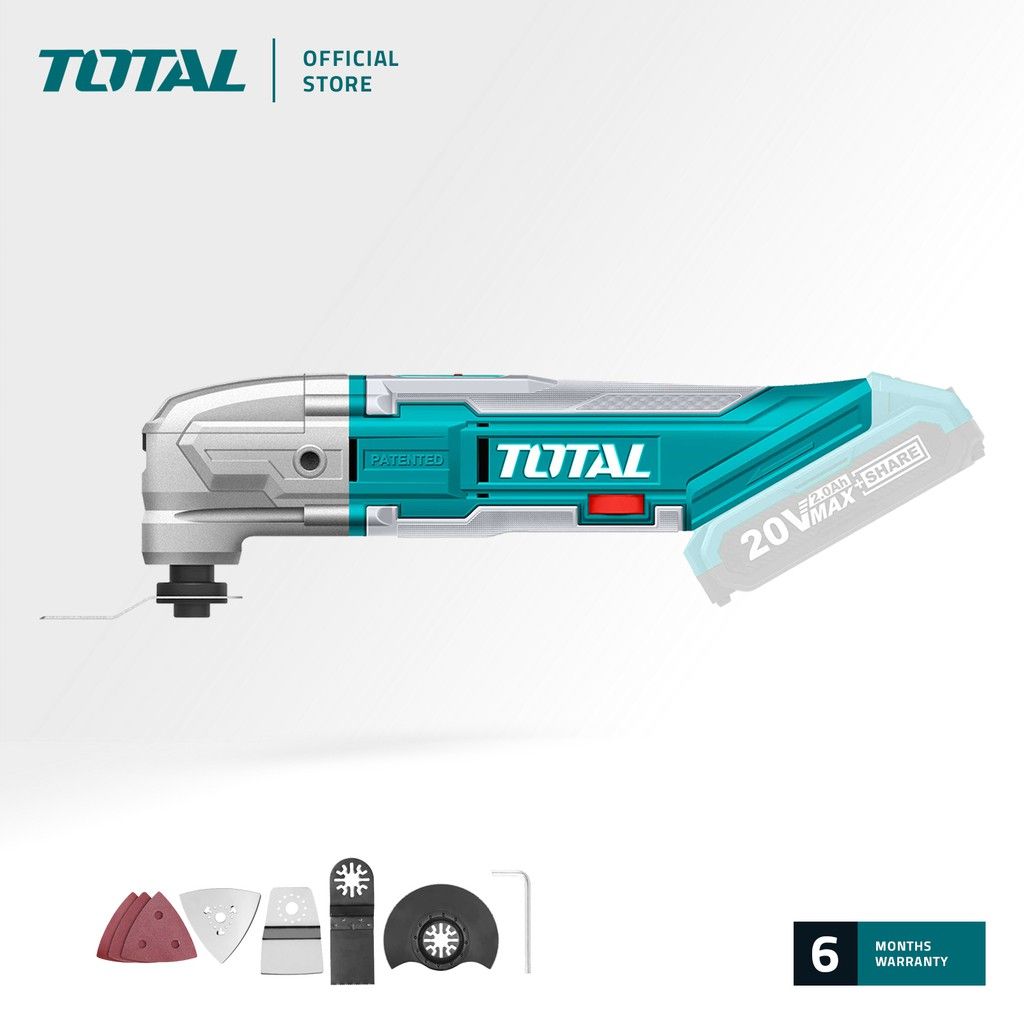 TOTAL TMLI2001 LI-ION MULTI-TOOL (PACKAGE COMES WITH 1 PC FLEXIBLE SCRAPER 1 PC CUTTING SAW BLADE 1 PC SEGMENT SAW BLADE 1 PC SANDING BASE 3 PCS SANDING PAPER 1 PC HEX KEY)