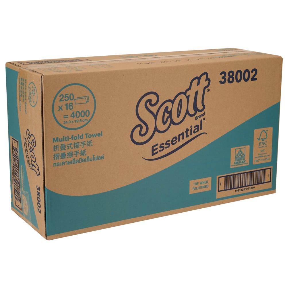 Scott庐 Essential Multifold Paper Towels (38002), White 1-Ply, 16 Packs / Case