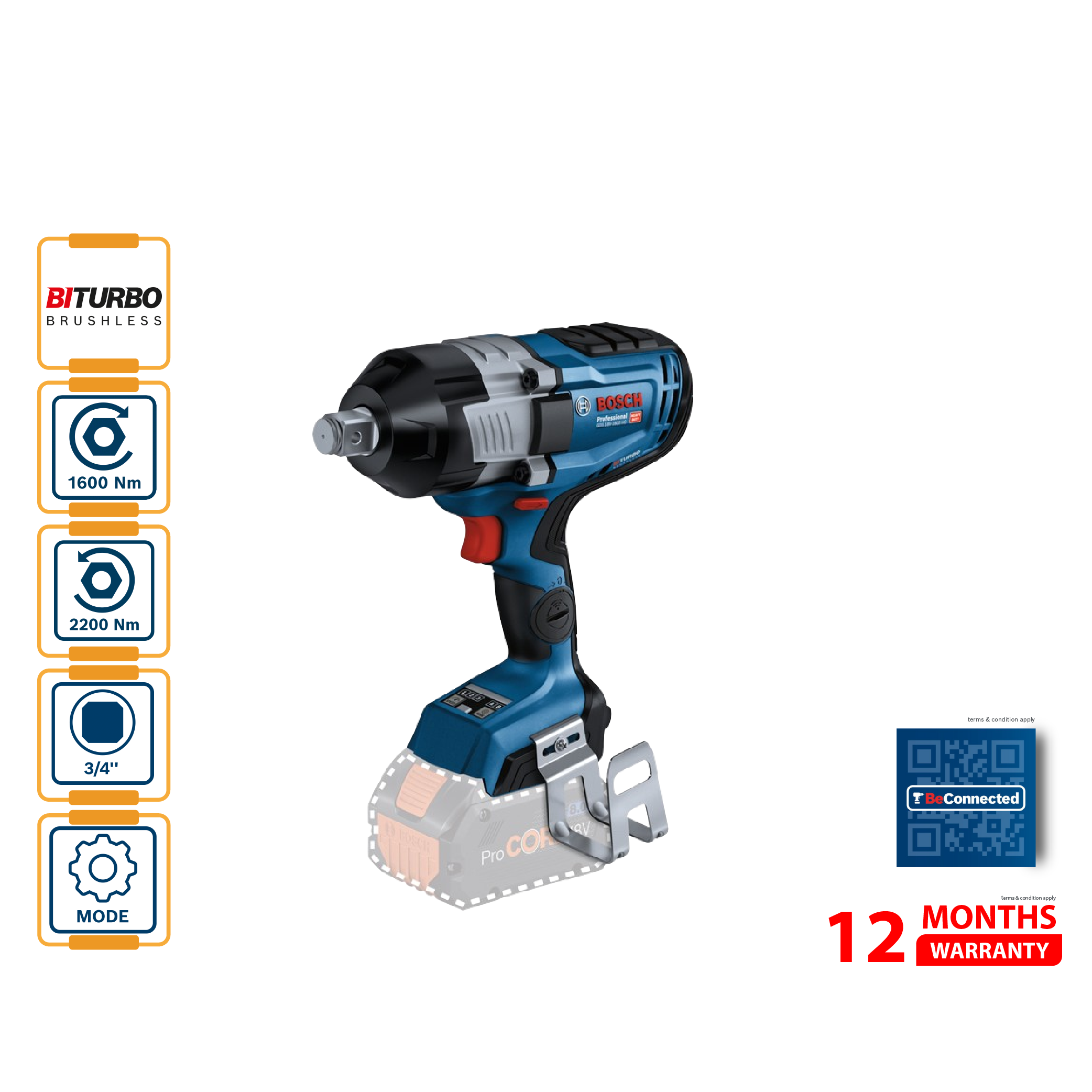 BOSCH GDS 18V-1600 HC Cordless Impact Wrench (SOLO) - 06019M1080