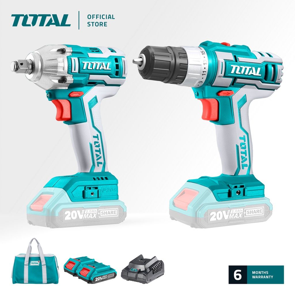 TOTAL TCKLI2007 LI-ION CORDLESS COMBO KIT (PACKAGE COMES WITH 1 PC LI-ION BRUSHLESS IMPACT WRENCH 1 PC LI-ION CORDLESS DRILL 2 PCS 20V 2.0AH BATTERIES 1 PC FAST INTELLIGENT CHARGER 1 PC CANVAS BAG)