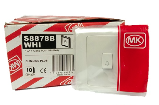 MK SLIMSLINE S8878B WHI 10A 1GANG PUSH SWITCH (BELL) (WHITE) (FLUSH)