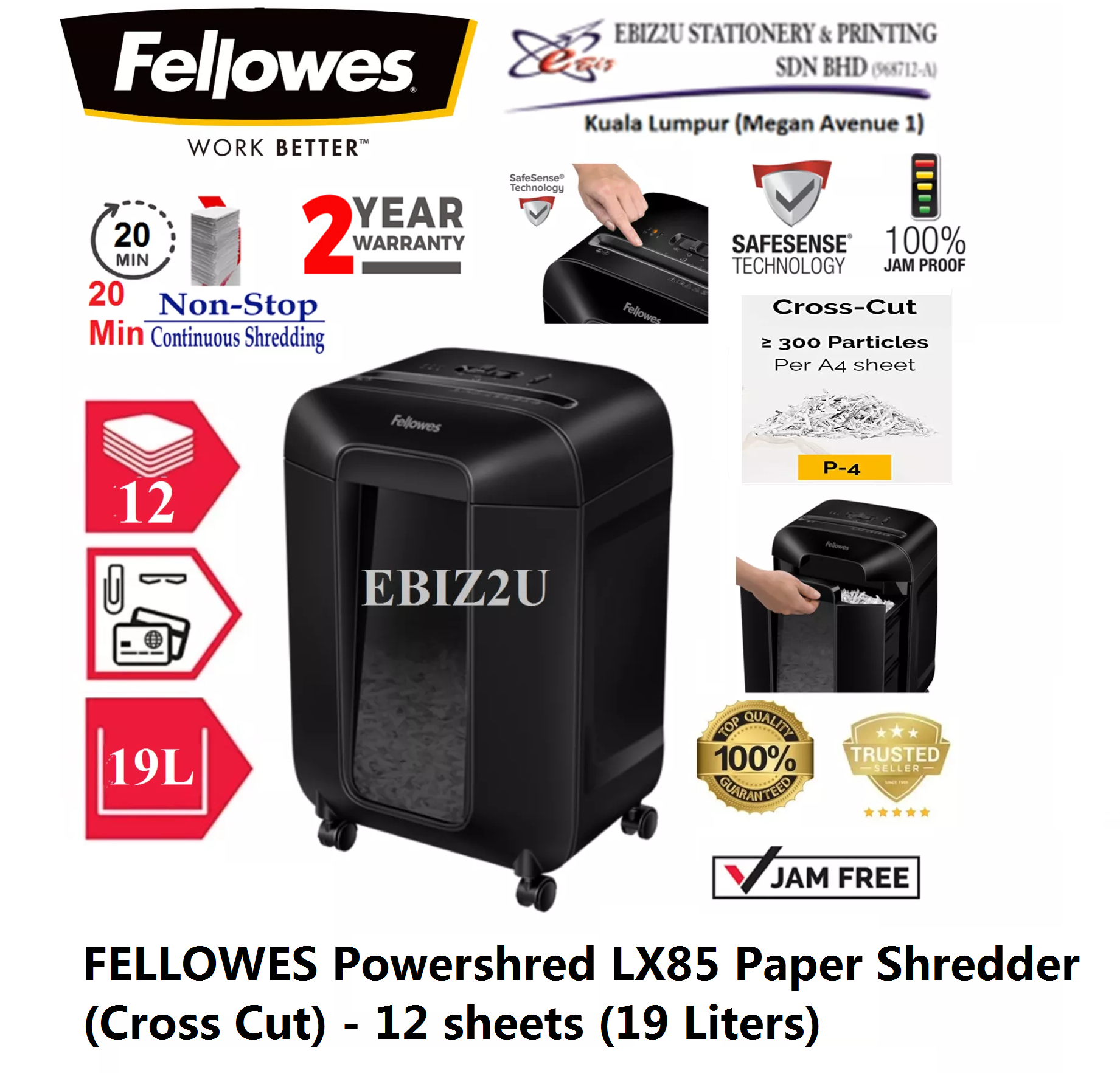 FELLOWES Powershred LX85 Paper Shredder (Cross Cut) with SafeSense Technology - 12 sheets (19 Liters) Cross Cut, Paper Shredder, Shredder Machine, Office Shredder, Heavy Duty Shredder, Mesin Penghancur Kertas)