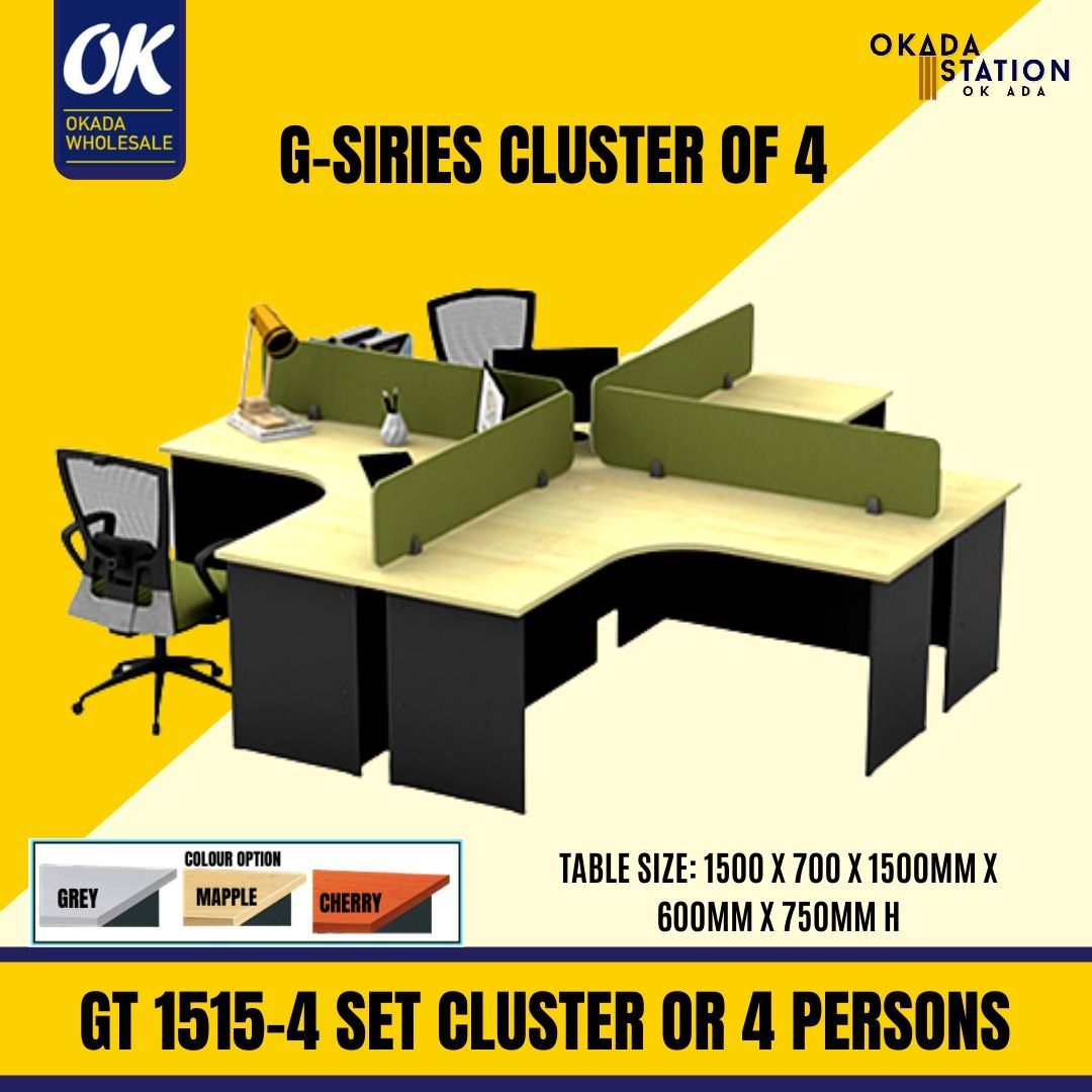 L Shape CLUSTER OF 4 -L SHAPE TABLE / G-SIRIES WORKSTATION WITH TABLE TOP PANEL / 5' X 5' TABLE / WORKSTATION / CLUSTER 0F 4 / 4 SEAT / TABLE TOP PANEL / OFFICE FURNITURE