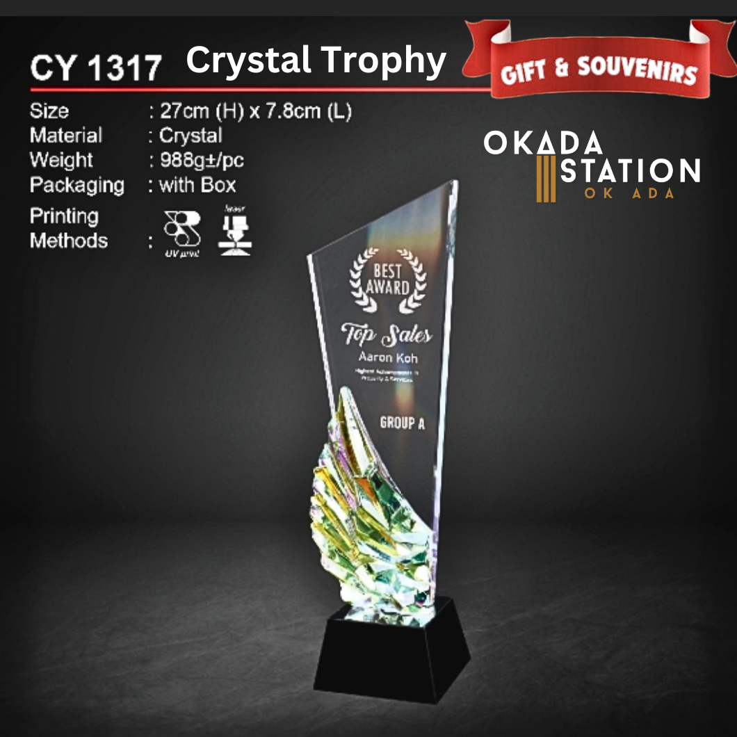 OKADA GIFT & SOUVENIRS: CY 1317 CRYSTAL TROPHY WITH PRINTING / CRYSTAL AWARD / AWARD TROPHY / CRYSTAL / TROPHY / AWARD / CY 1317 / 988g