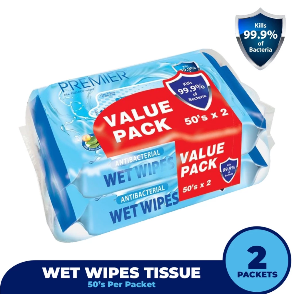 Premier Sanitizing Wipes 50s ×2 Packs | Alcohol Free & Aloe Vera with Vitamin E