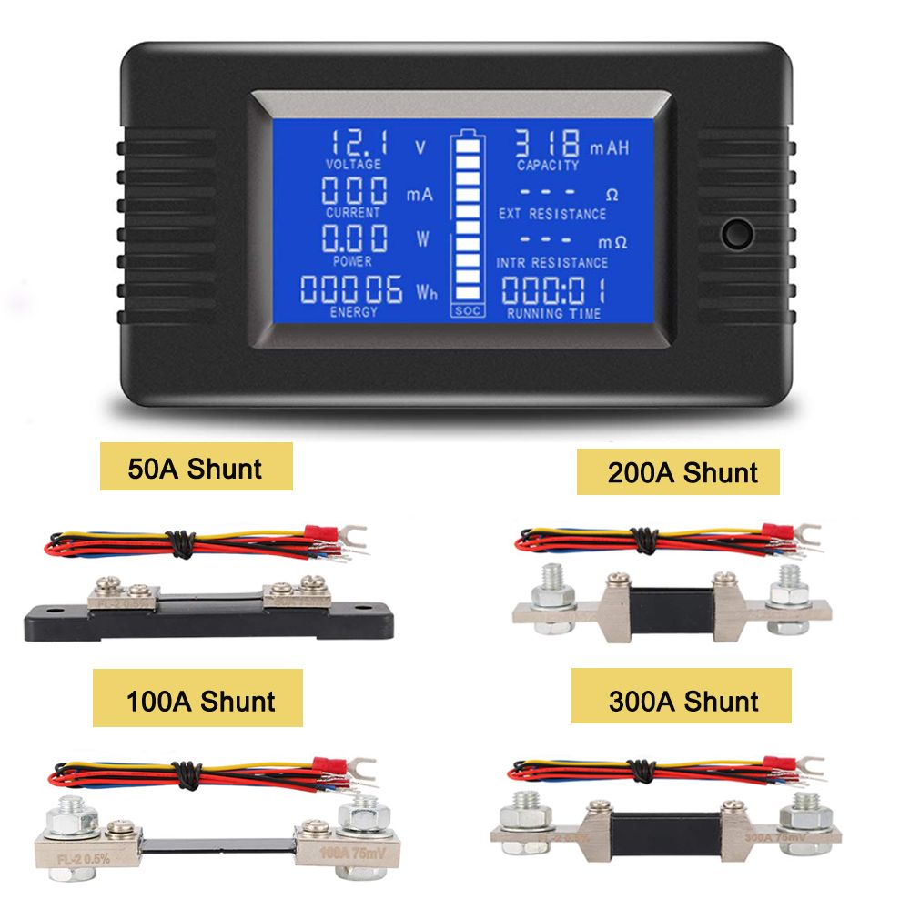 DC 0-200V 100A 300A Voltmeter Ammeter Car Battery Tester Capacity resistance electricity Voltage Meter monitor 12v 24v 48v 96v (50A Shunt)
