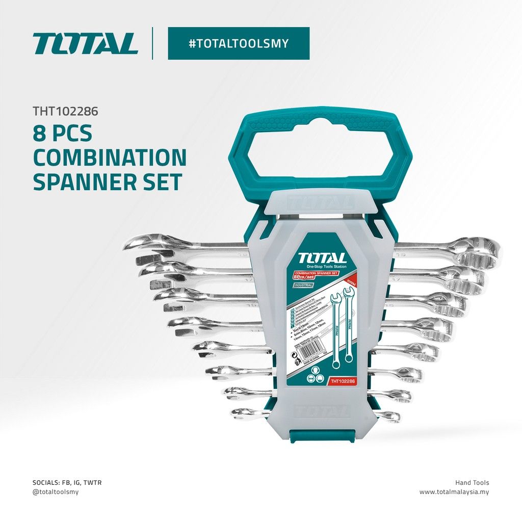TOTAL COMBINATION SPANNER SET OPEN + RING/BOX END WRENCH (6MM-19MM/8 PCS) THT102286