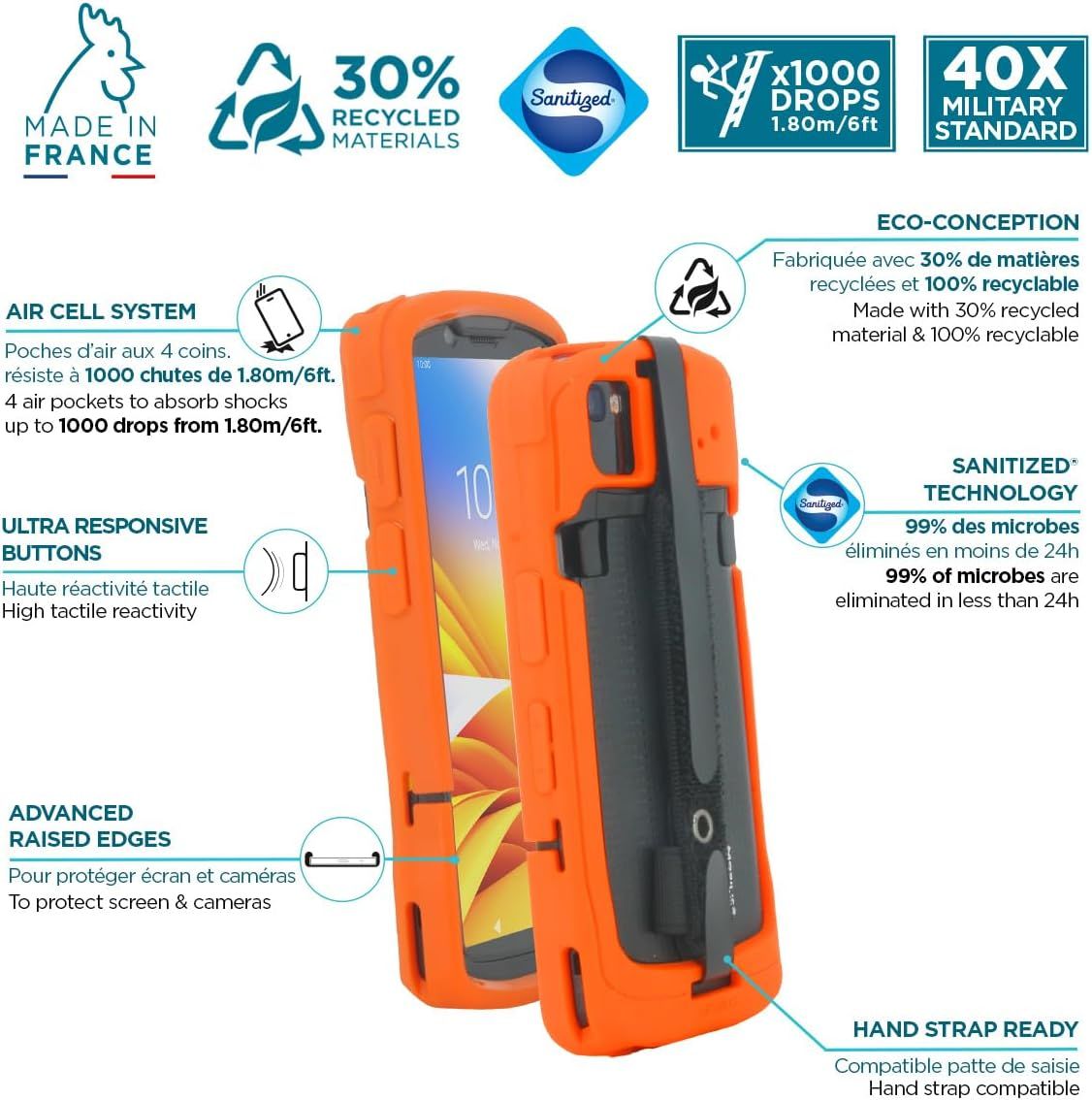 Mobilis Rugged Case for Zebra TC53 TC58 Mobile Computer with Handstrap, Military Grade Shockproof Protective Cover - High-Visibility & Easy Identification - Recycled Materials - Neon Orange