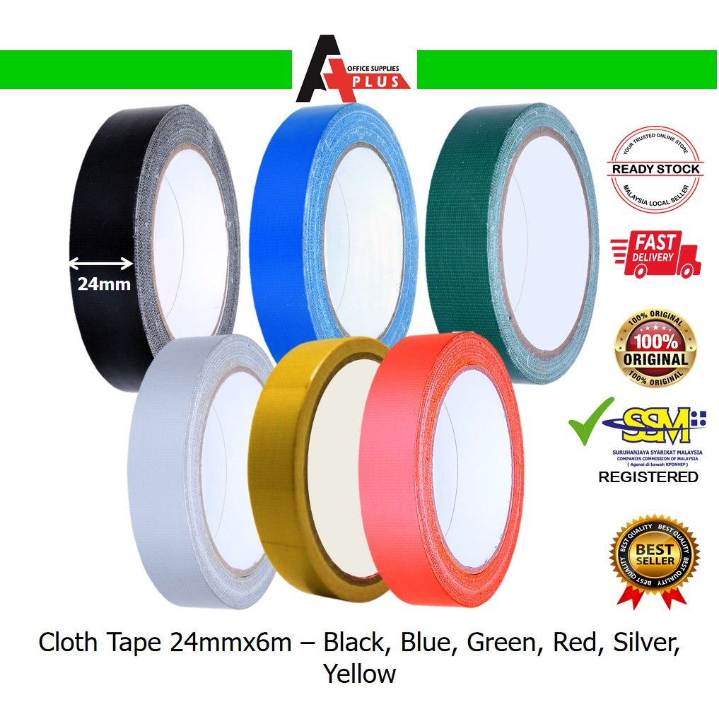 Cloth Tape 24mmx6m / Binding Tape / Pita Kain - Black, Blue, Green, Red, Silver, Yellow