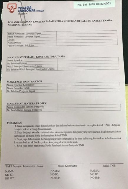Borang Rondaan Lawatan Tapak Kerja Korekan Dilaluan Kabel TNB