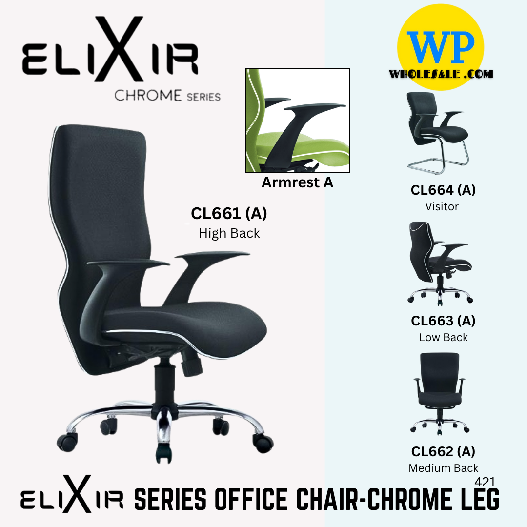 CLASSIC CHAIR ELIXIR ERGONOMIC OFFICE CHAIR (ARMREST A)- ALL SIZE / CHROME SERIES / OFFICE CONFERENCE CHAIR / OFFICE SWIVEL CHAIR / ERGONOMIC CHAIR / EXECUTIVE CHAIR / DIRECTOR CHAIR / OFFICE CHAIR / CHAIR / CHROME BASE / FABRIC / PU LEATHER / ELIXIR