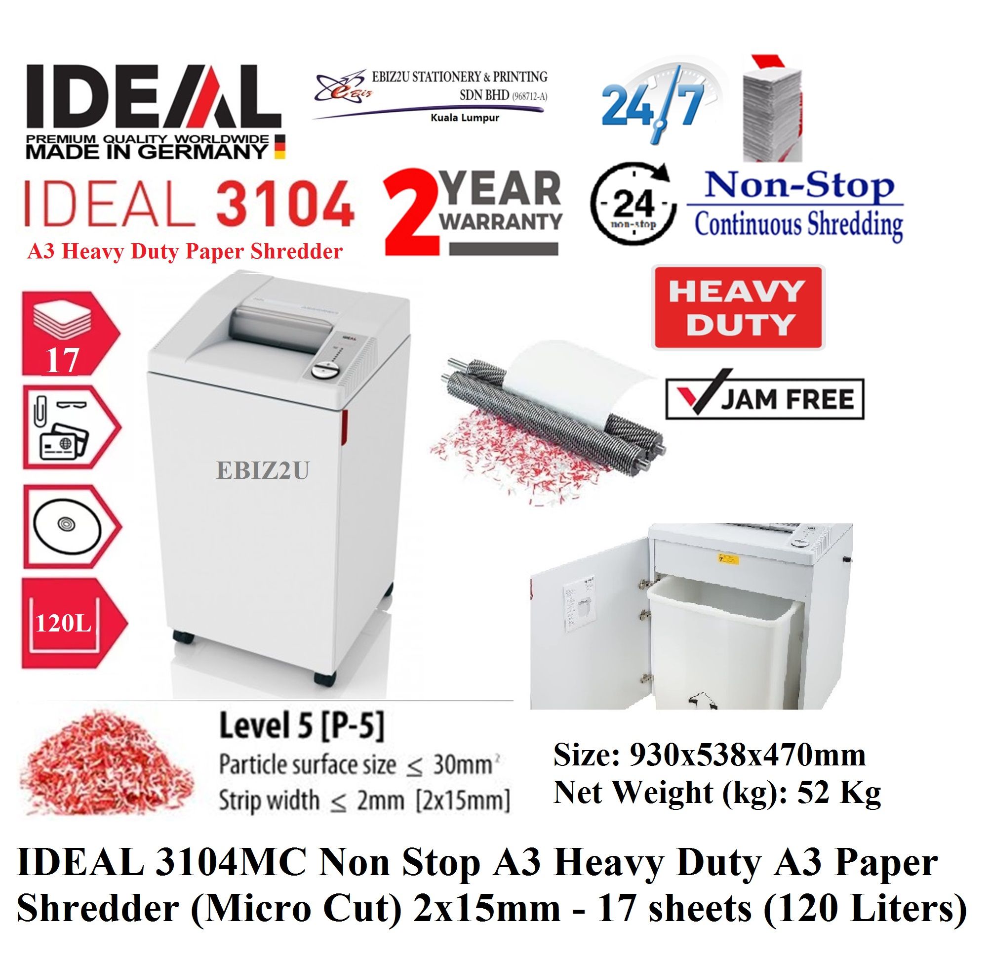 IDEAL 3104 MC Non Stop A3 Heavy Duty A3 Paper Shredder (Micro Cut) 2x15mm - 17 sheets (120 Liters) 3104MC (non stop, Micro Cut, Paper Shredder, Shredder Machine, Office Shredder, Heavy Duty Shredder, Mesin Penghancur Kertas)