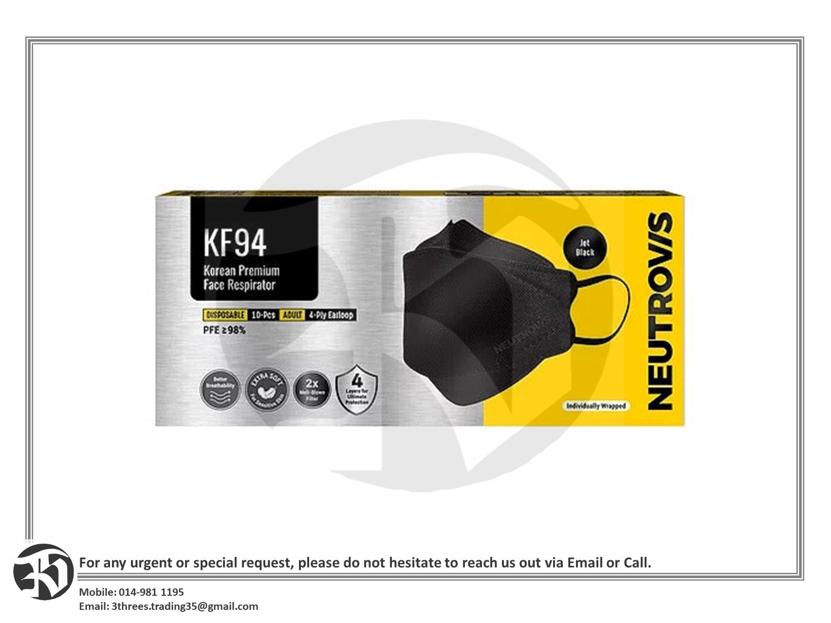 Neutrovis KF94 Korean Premium Face Respirator (Jet Black) 10s