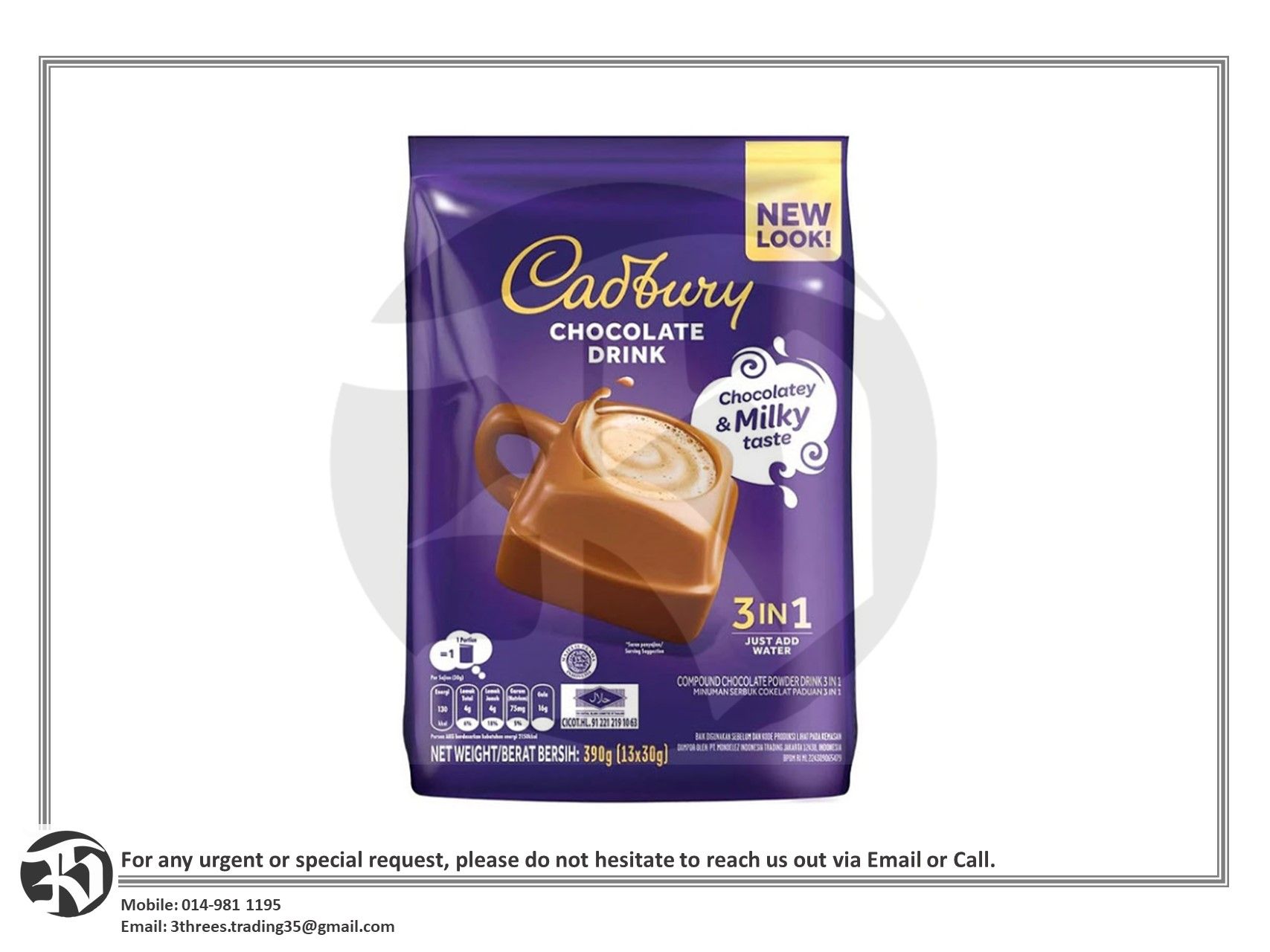 Cadbury Hot Chocolate Drink 3 in 1 390g (30g x 13 Sachets)
