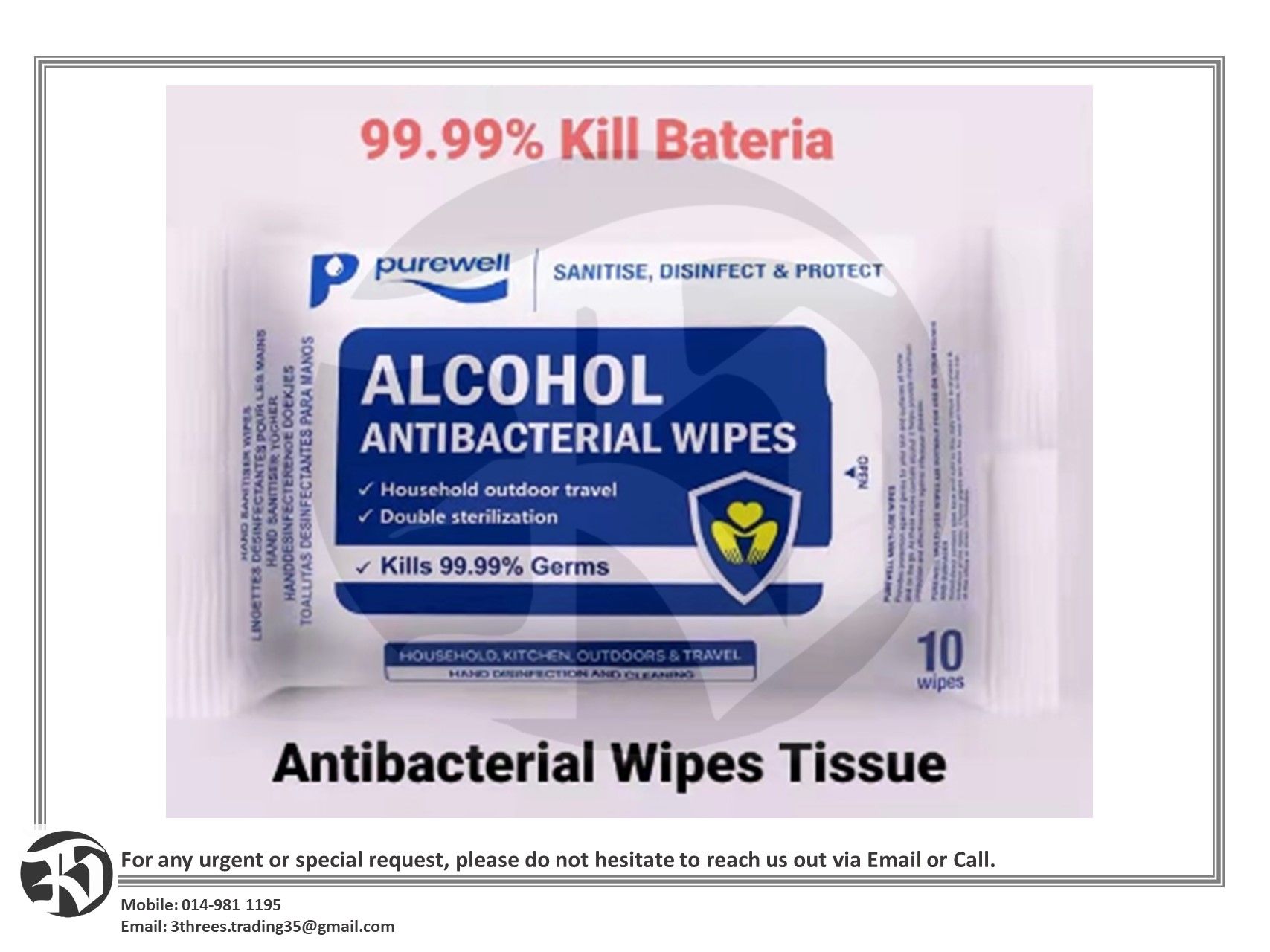 Alcohol Wipes Sanitizing Wet Tissue Antibacterial Kill 99.9% Bacteria Purewell CE Standard 10pcs
