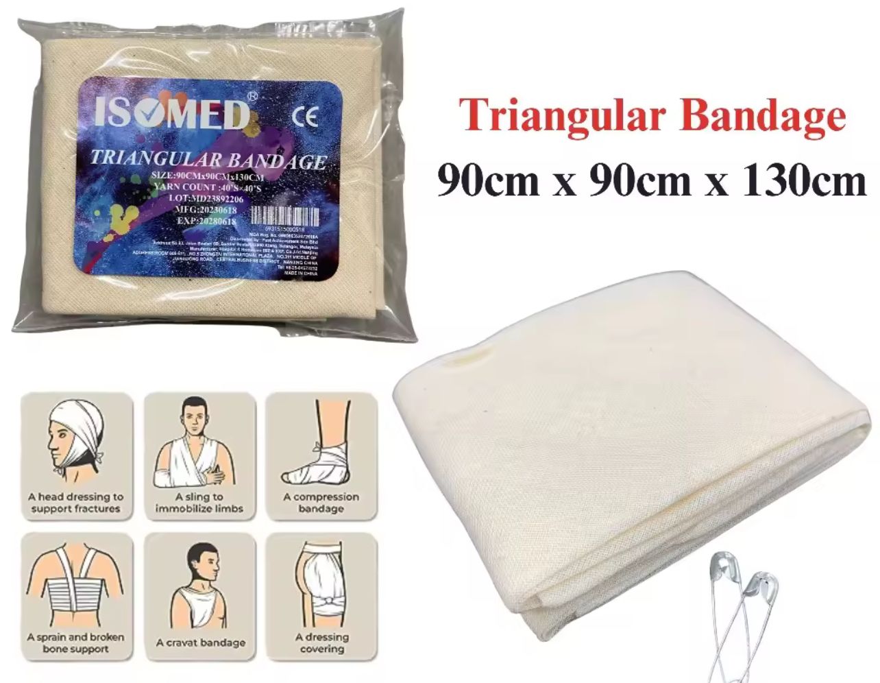 Isomes ISOMED Triangular Bandage (MDA Approved) 90cmx90cmx130cm, Triangle Bandage, Kain Anduh