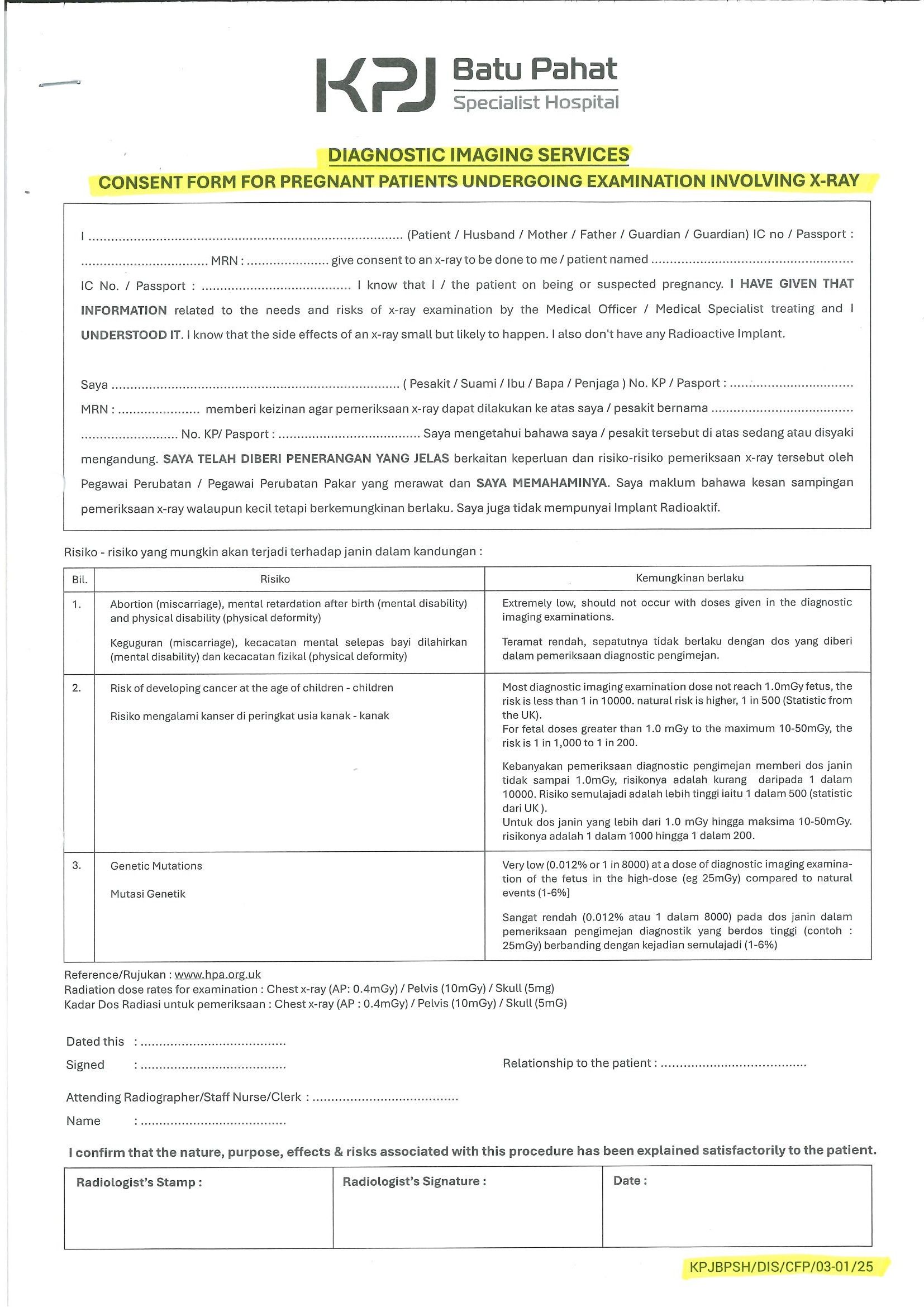 Consent Form For Pregnant Patients Undergoing Examination Involving X-Ray (DIS)