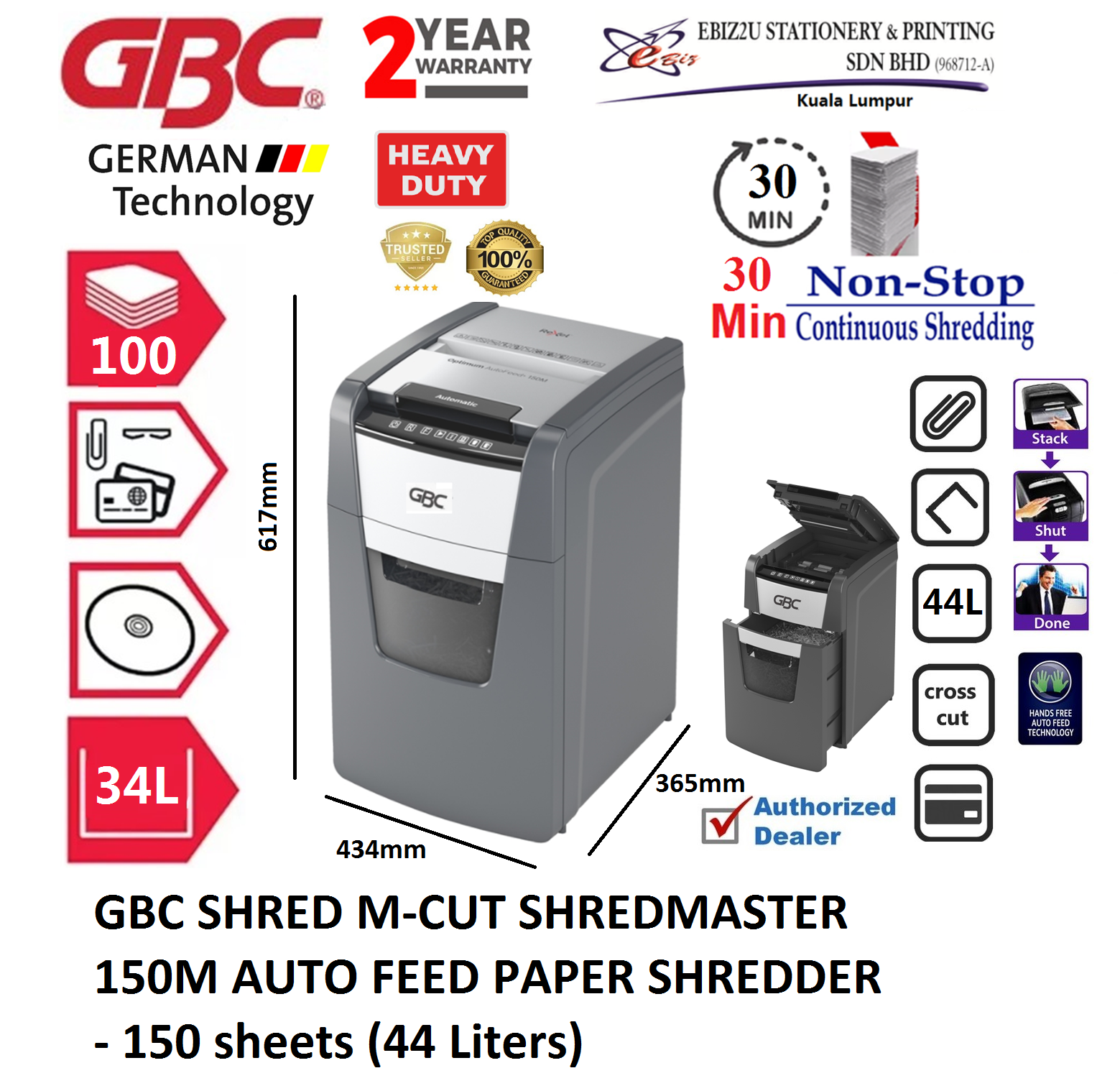 GBC SHRED M-CUT SHREDMASTER 150M AUTO FEED PAPER SHREDDER - 150 sheets (44 Liters) (Micro Cut, Paper Shredder, Shredder Machine, Office Shredder, Heavy Duty Shredder, Mesin Penghancur Kertas)