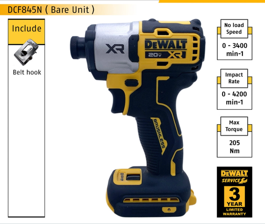 DEWALT DCF845N-B1 1/4" ( 6.35MM ) 18/20V BRUSHLESS CORDLESS IMPACT DRIVER DCF845N ( BARE UNIT )