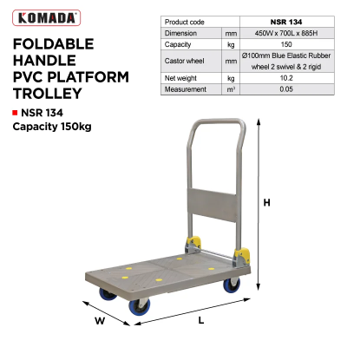 KOMADA Foldable Handle PVC Platform Trolley Plastic Flatbed Trolley (150KG) H88.5 X W45 X L70 cm