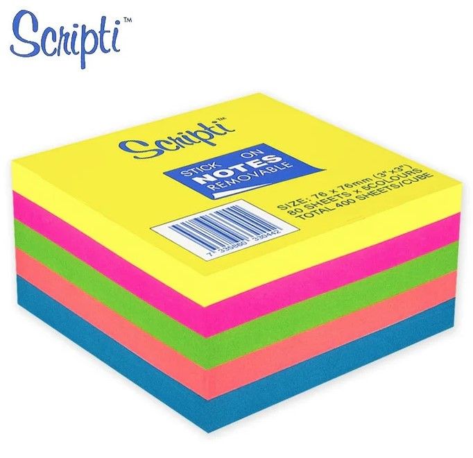 SCRIPTI REMOVABLE STICK-ON NOTES 5 NEON COLOUR CUBE 400S