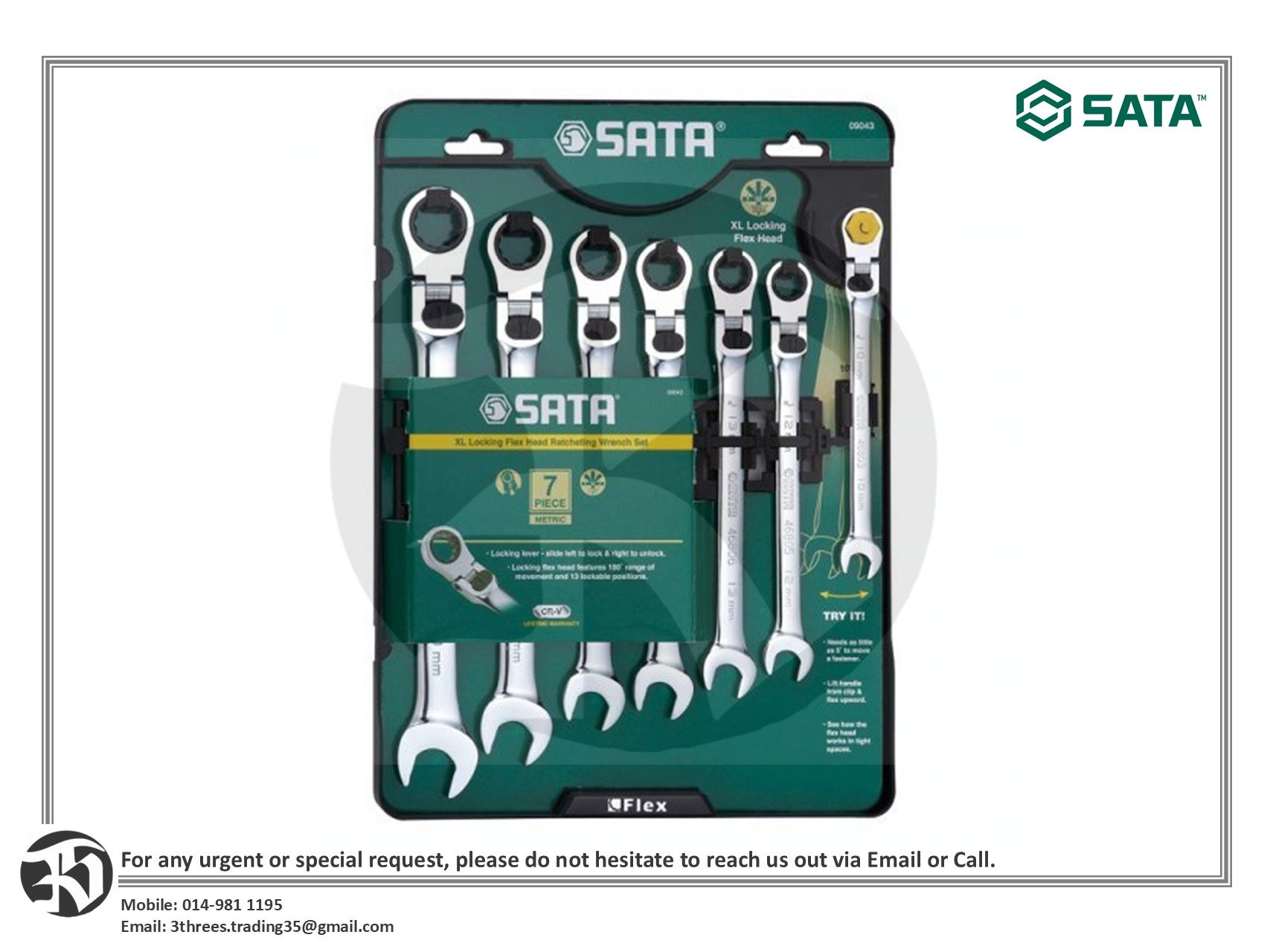 SATA 7Pcs Extra Long Locking Flex Head Ratcheting Wrench Set 09043