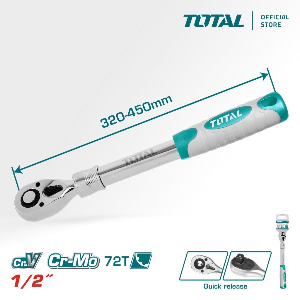 TOTAL EXTENDABLE RATCHET WRENCH (1/2" / 72T / CR-V & CRMO STEEL / LENGTH 320-450MM) THT106128L