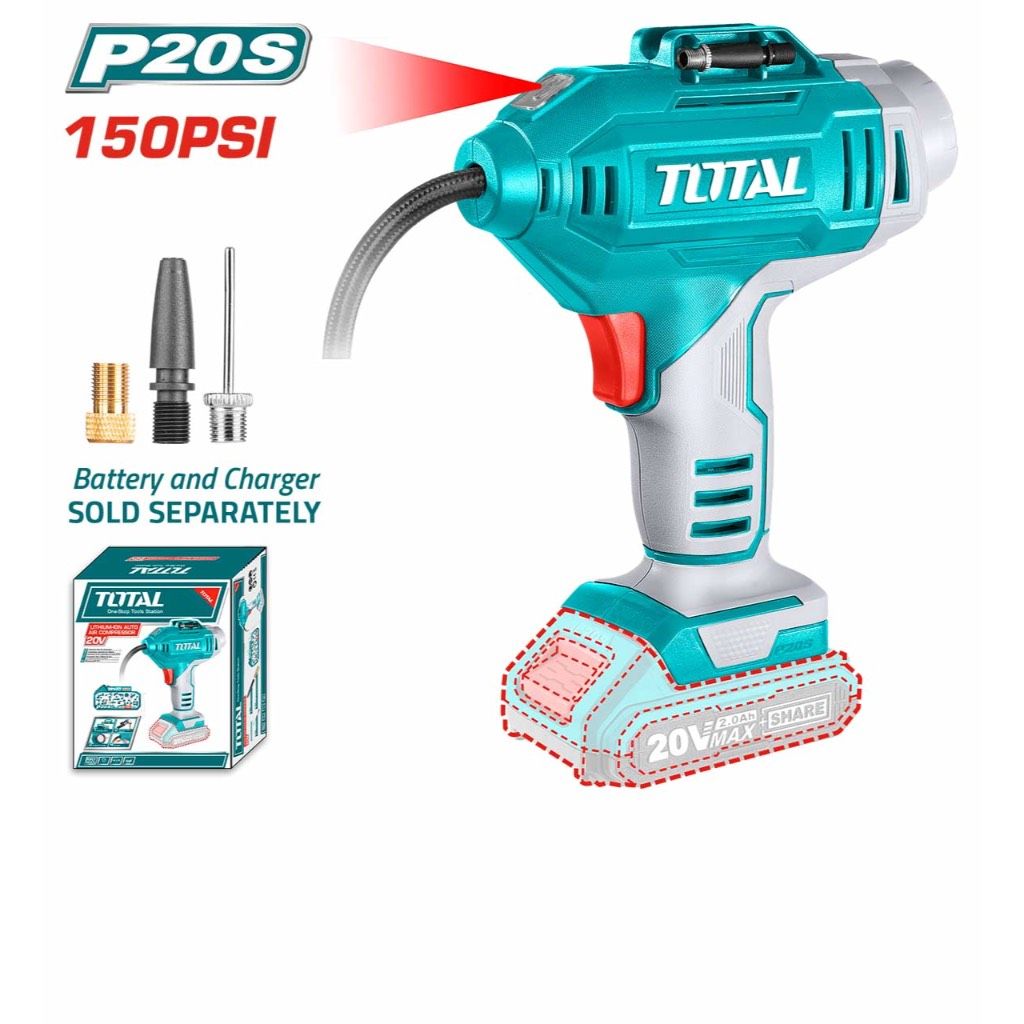 TOTAL LI-ION AUTO AIR COMPRESSOR (20V) WITH STEEL AIR NEEDLE + PLASTIC BALL NEEDLE + VALVE ADAPTOR P20S TACLI2018