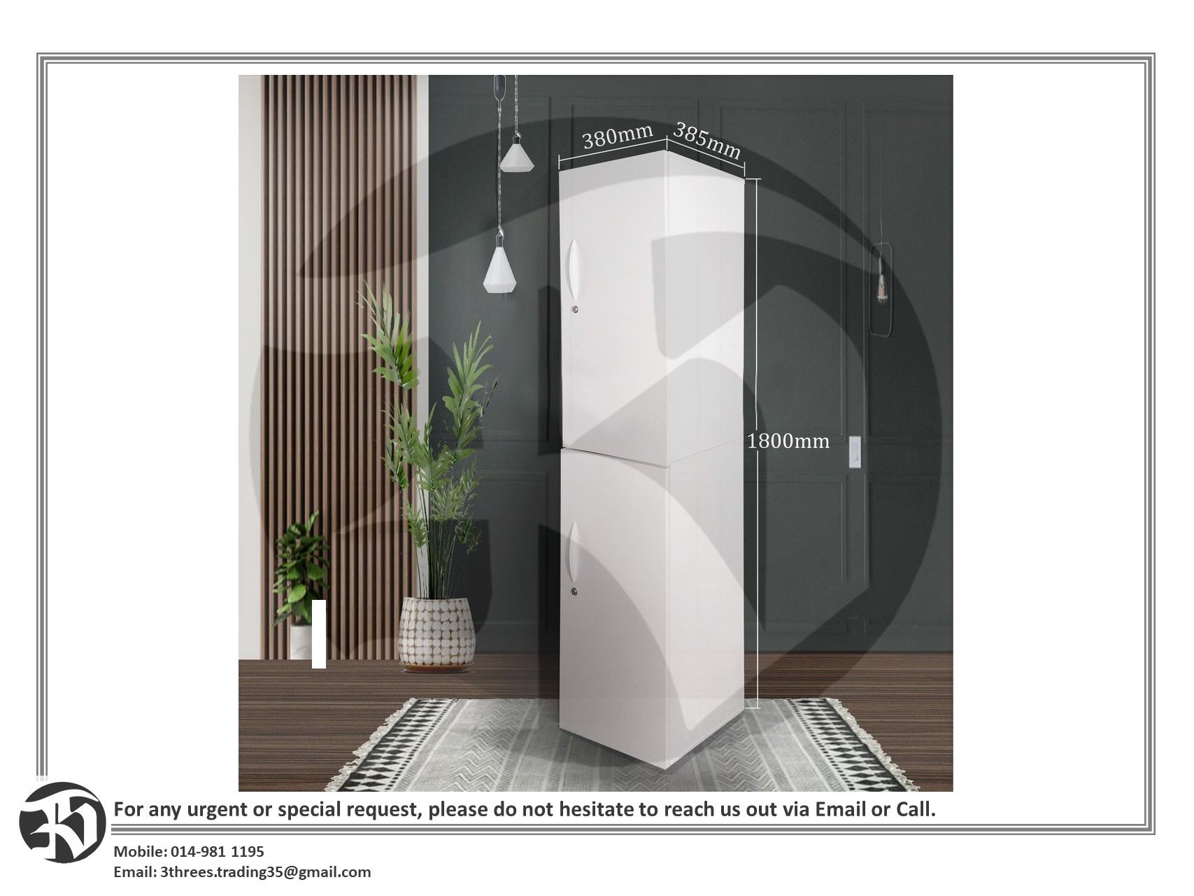 White Wooden Cabinet || 2 Compartment Locker TF010 (W380 x D385 x H1800mm)