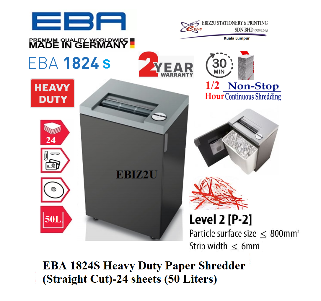 EBA 1824S Heavy Duty Paper Shredder (Straight Cut)-24 sheets (50 Liters) 1824 (30 minutes non stop, Strip Cut, Straight Cut, Paper Shredder, Shredder Machine, Office Automation, Office Shredder, Mesin Penghancur Kertas, Heavy Duty Shredder)