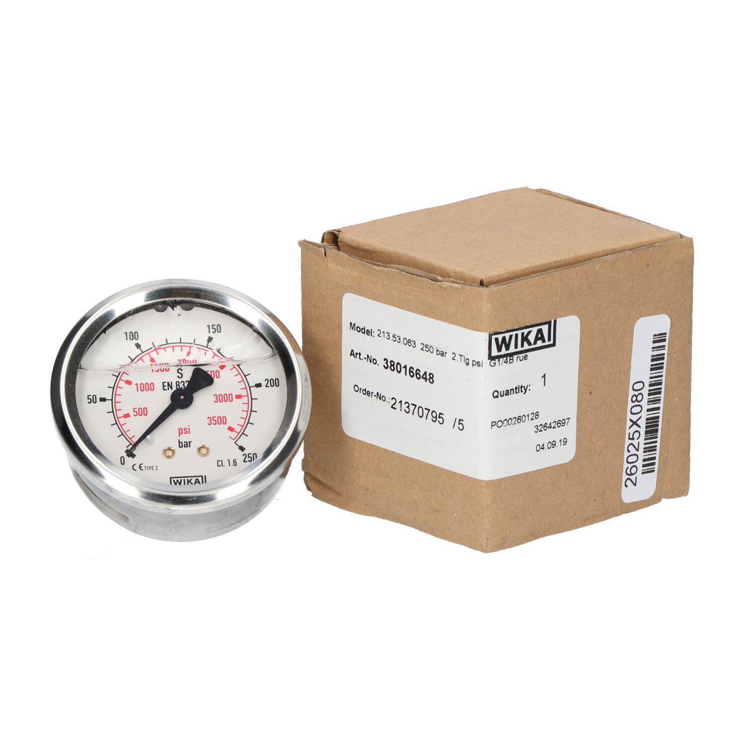 Wika Bourdon tube pressure gauge 250 bar