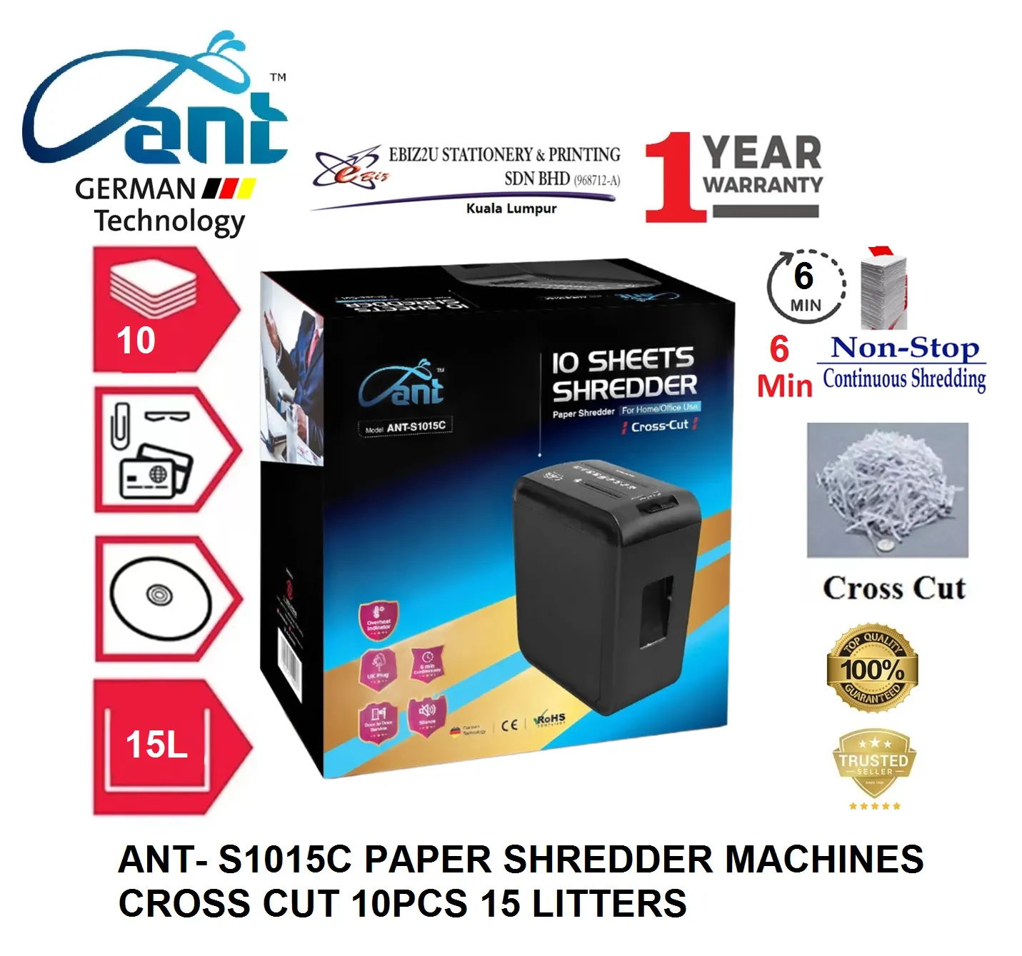 ANT- S1015C PAPER SHREDDER MACHINES CROSS CUT 10PCS 15 LITTERS WITH 1 YEAR WARRANTY (mesin perincih kertas, Mesin Penghancur Kertas)