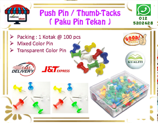Push Pin / Thumb Pin / Thumb Tack # Thumbtack / Mixed Color # Warna Campuran # Sharp Steel Point # RP0891 ( KTT : 1 Kotak @ 100 pcs )