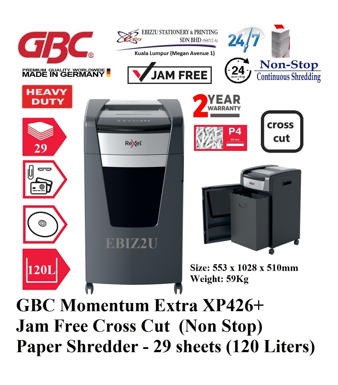 GBC Momentum Extra XP426+ Jam Free Cross Cut (Non Stop) Paper Shredder - 29 sheets (120 Liters) (Non Stop, Cross Cut, Paper Shredder, Shredder Machine, Office Shredder, Mesin Penghancur Kertas, Heavy Duty Shredder, Heavy Duty Paper Shredder)