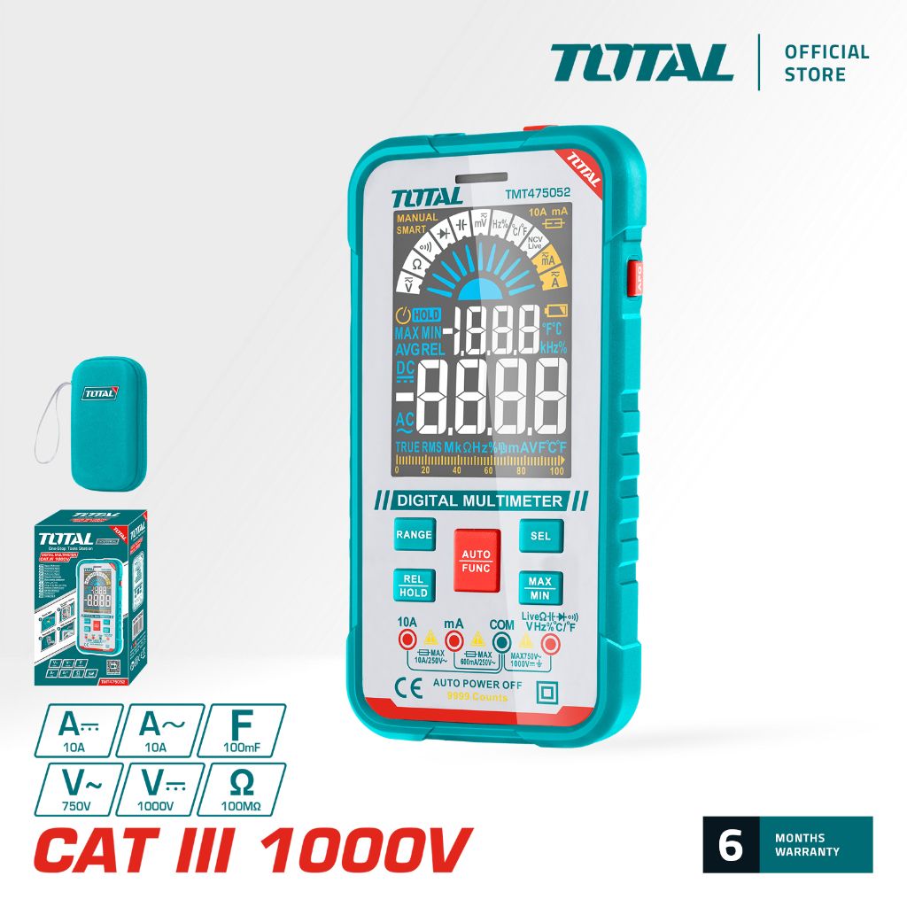 TOTAL DIGITAL MULTIMETER CATIII VA COLOUR DISPLAY TRUE RMS 10000 COUNTS SMART & REL MODE (1000V) TMT475052