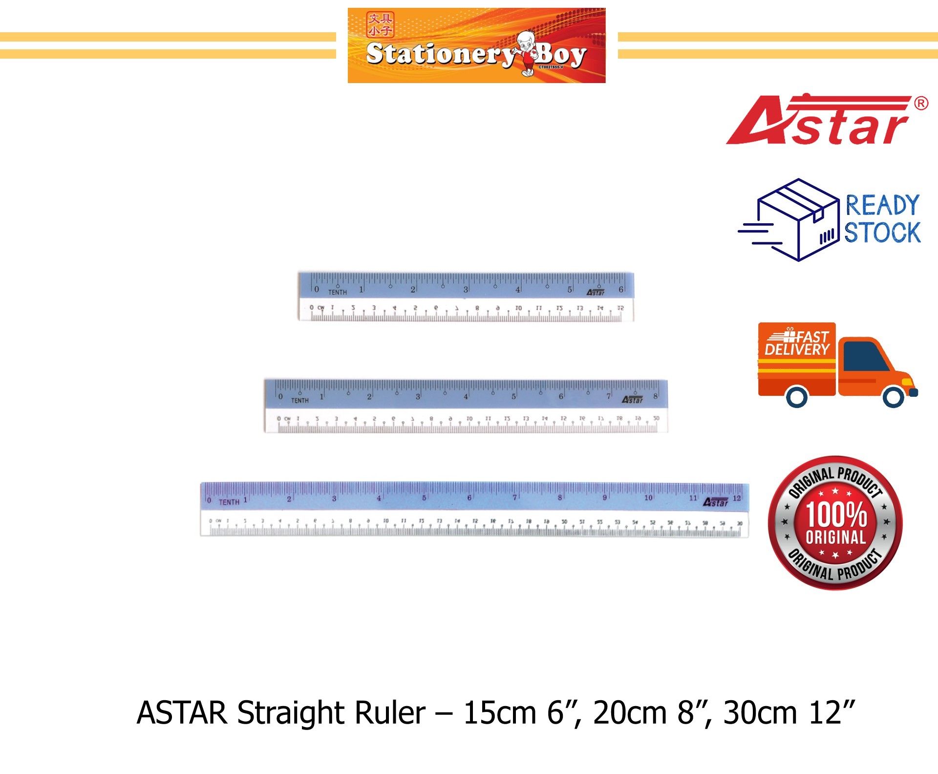 ASTAR Straight Ruler / Pembaris Plastik - 15cm 6", 20cm 8", 30cm 12"