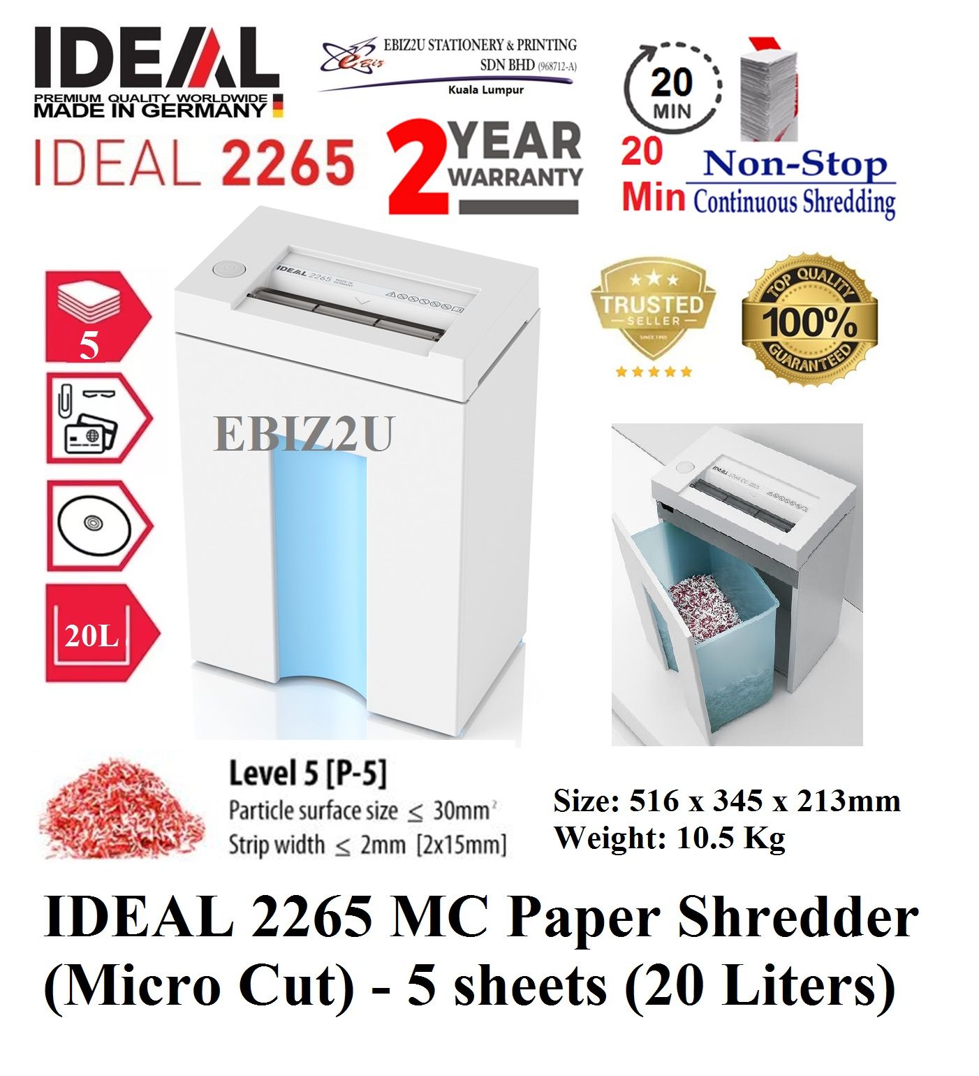 IDEAL 2265 MC Paper Shredder (Micro Cut) - 5 sheets (20 Liters) (2265MC, Micro Cut, Paper Shredder, Shredder Machine, Office Shredder, Heavy Duty Shredder, Mesin Penghancur Kertas)