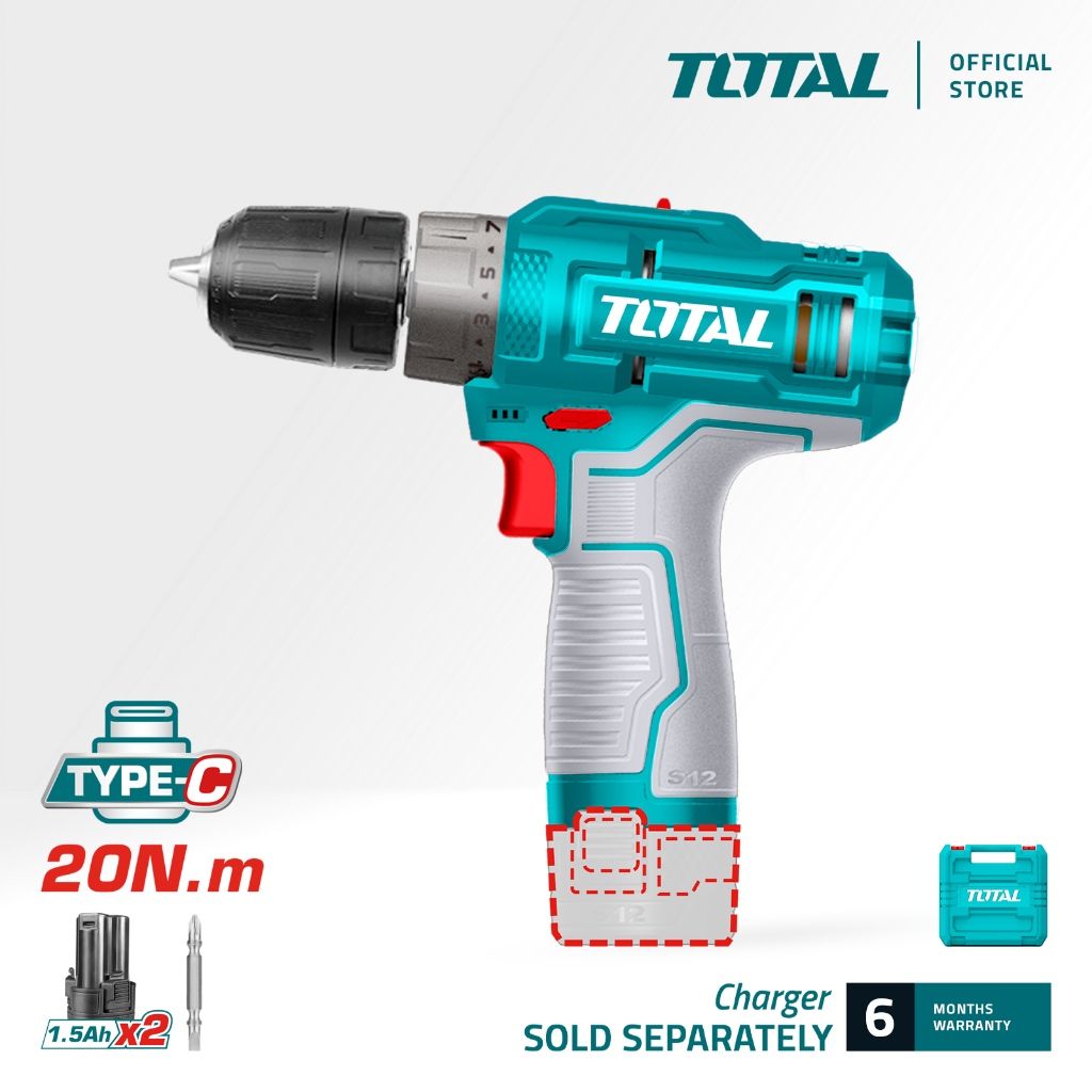 TOTAL LI-ION CORDLESS DRILL (12V/20NM/10MM) 2 SPEED GEAR + 1.5AH BATTERY (2 PCS USB TYPE-C) + CHARGER S12 TDLI12202