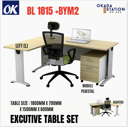 EXCUTIVE L SHAPE TABLE SET -BL 1815 + B-YM2 / OFFICE TABLE / BL1815 / BL -1815 / WITH MOBILE PEDESTAL