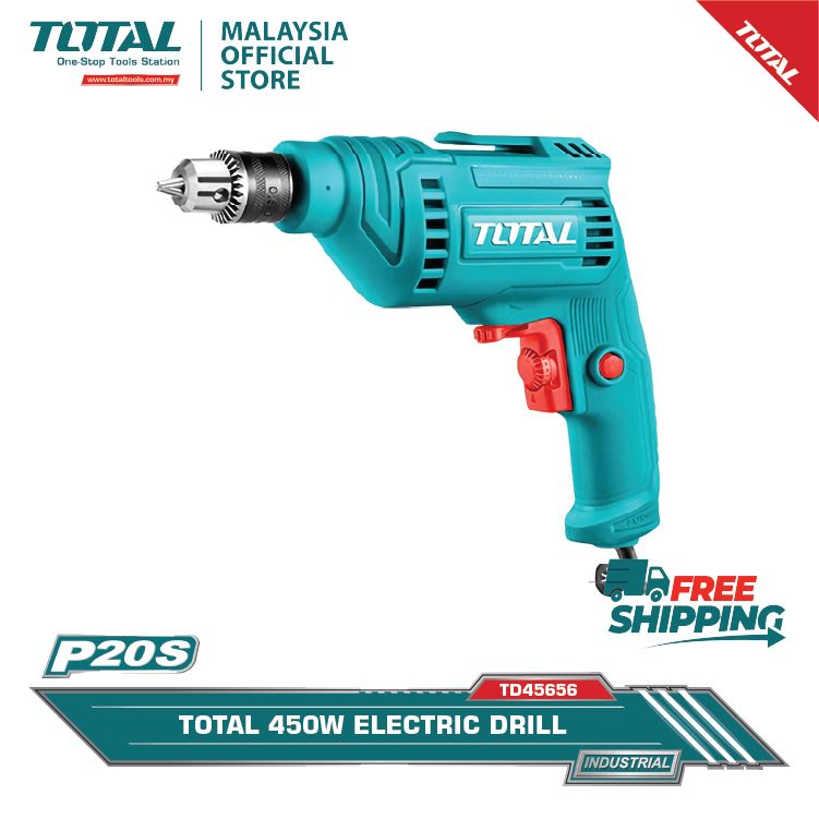 TOTAL TD45656 ELECTRIC DRILL (KEYED DRILL CHUCK. FORWARD + REVERSE ACTION WITH VARIABLE SPEED CONTROLLER. FREE 1 SET CARBON BRUSHES)