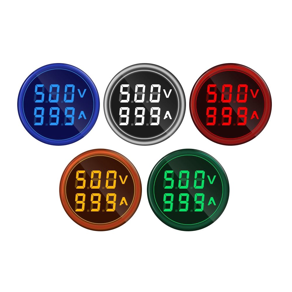 Mini Digital Voltmeter Ammeter 22mm Round AC 50-500V 0-100A Amp Volt Voltage Tester Meter Dual LED Indicator Lamp Light