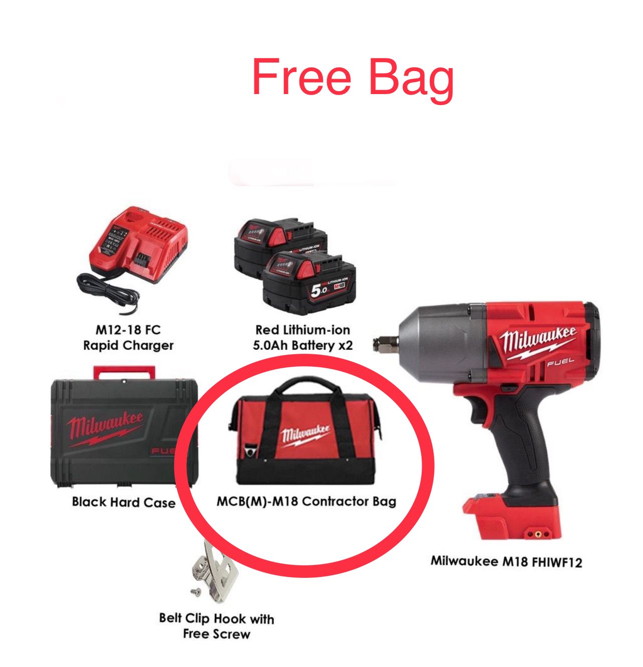 Milwaukee M18 Fuel 1/2 high torque impact wrench full set (2 battery) original item FREE BAG